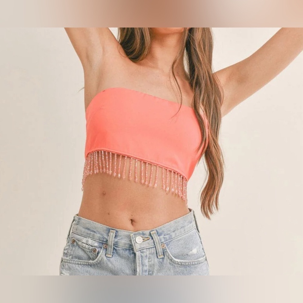 Coral Beaded Fringe Tube Top
